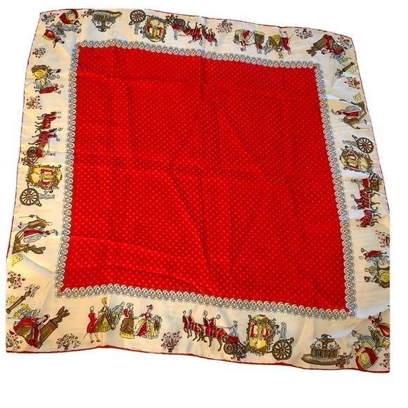 Vintage silk Red and Cream Scarf with Victorian Print - Picture 2 of 11